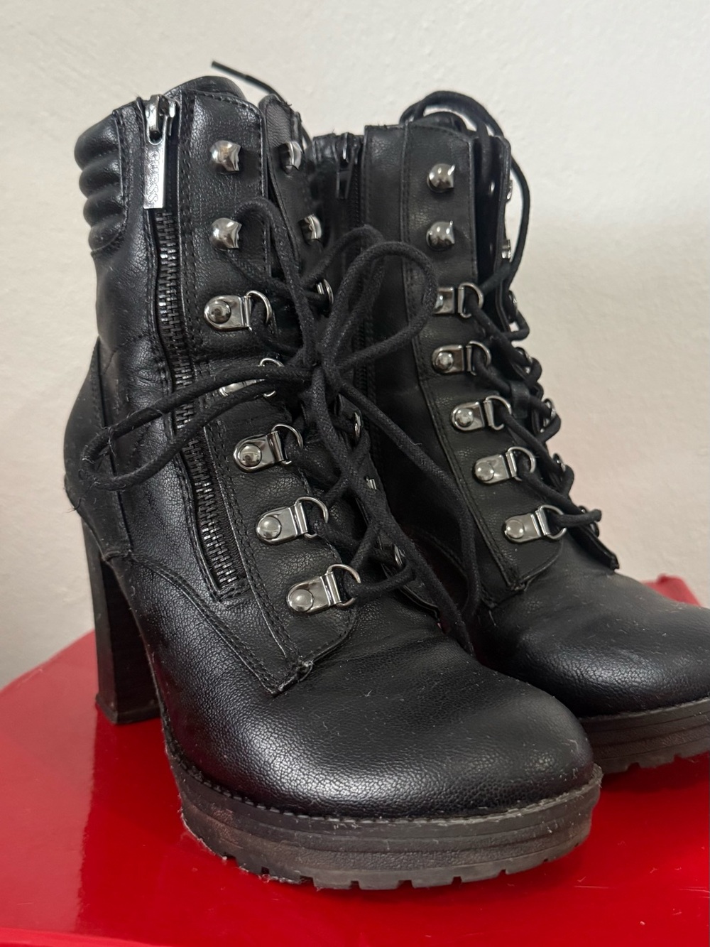 Guess Black Lace-Up Combat Heel Boots with Side Zippers